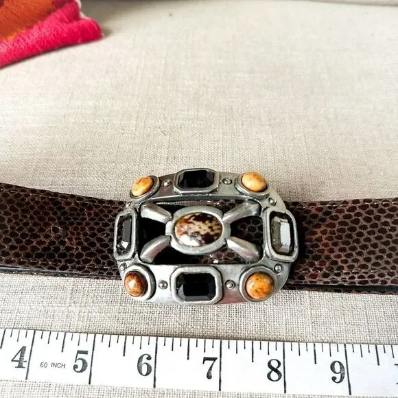 Vintage Fahrenheit Brown Black Leather Belt Large Jewel Buckle Rich Auntie M - Picture 6 of 11